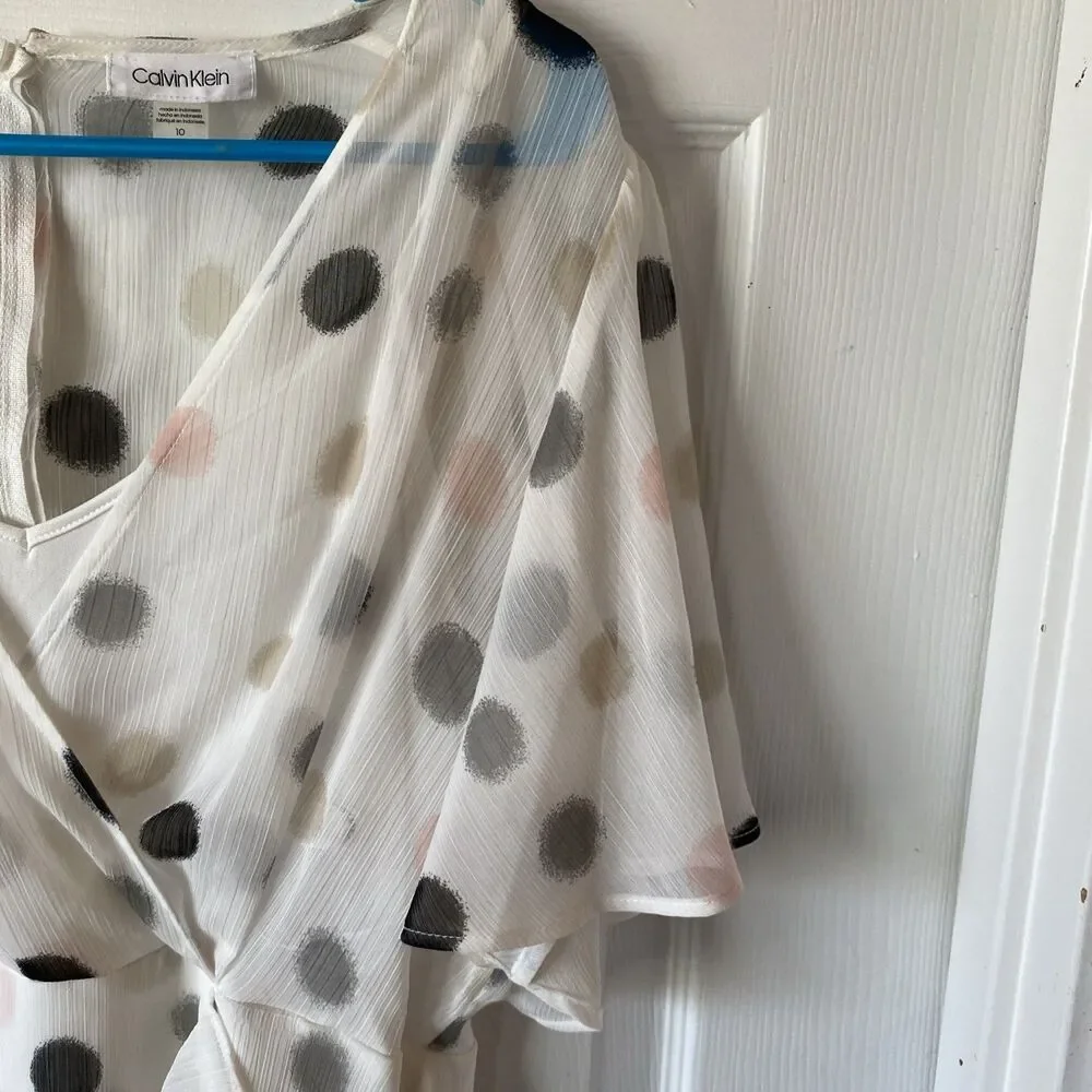Calvin Klein Womens Chiffon Flutter Shift Dress Ivory Multi size 10 Polka Dot